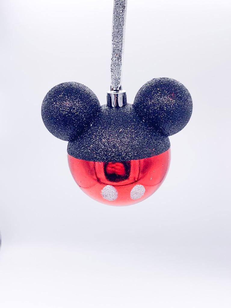 Pallina Albero Di Natale In Vetro Disney Topolino Rosso E Nero Con Glitter 8cm