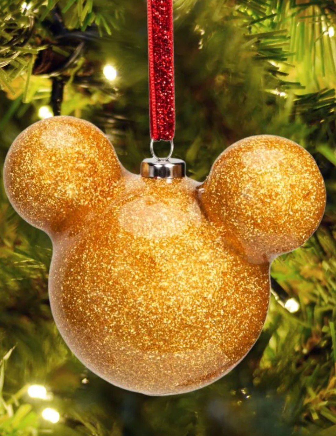 Pallina Albero Di Natale Disney Topolino Mickey Mouse In Vetro Oro Con Glitter 6cm