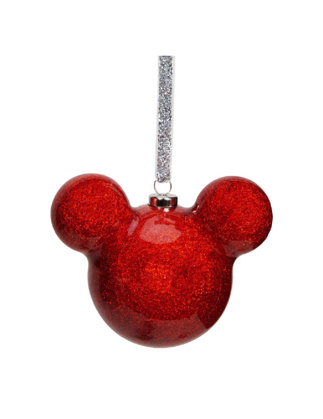 Pallina Albero Di Natale In Vetro Topolino Rossa Con Glitter 6cm Disney
