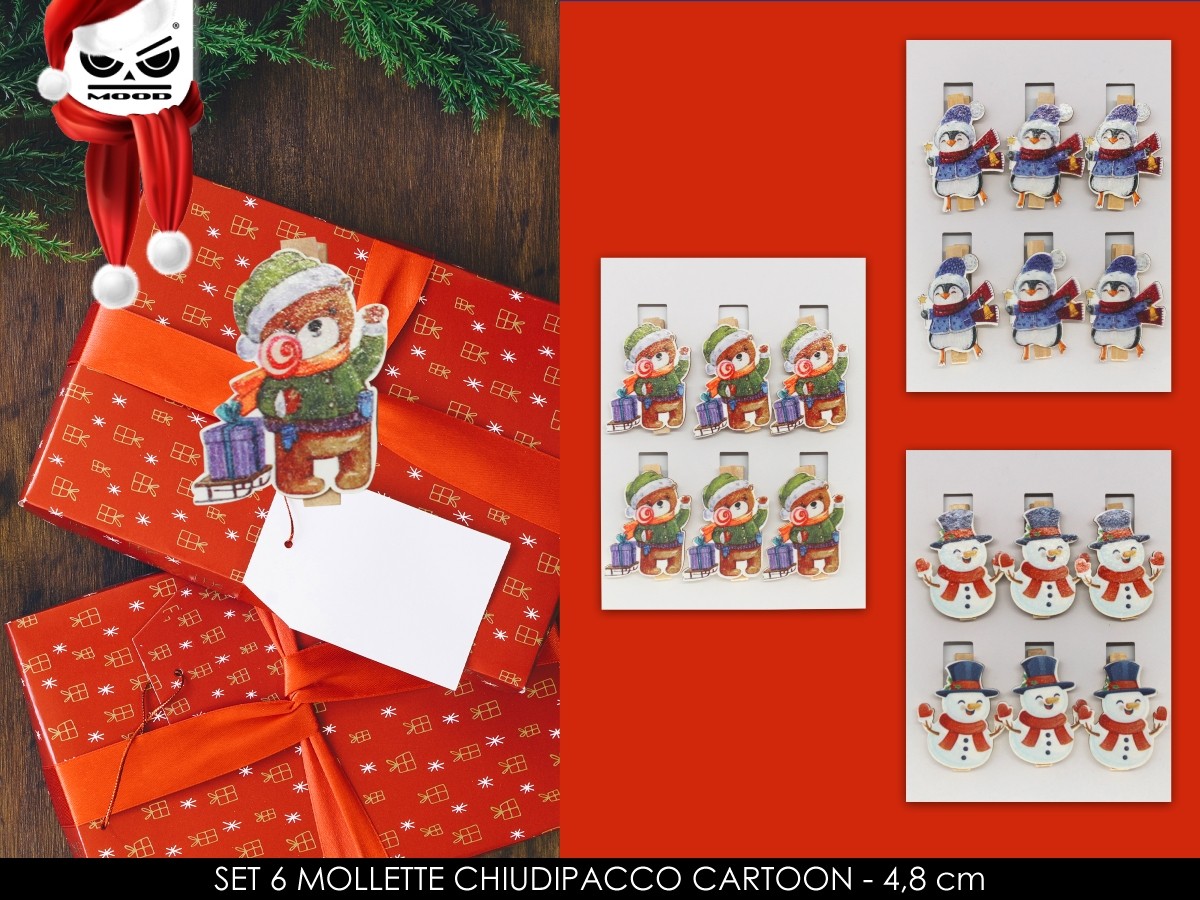 Clip Mollette Chiudipacco Natalizio Cartoon Set 6pz Assortito