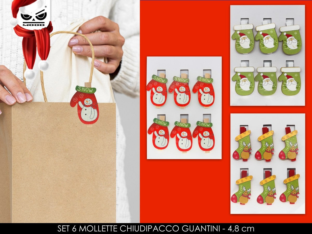 Clip Mollette Chiudipacco Guantini Natalizi Set 6pz Assortito