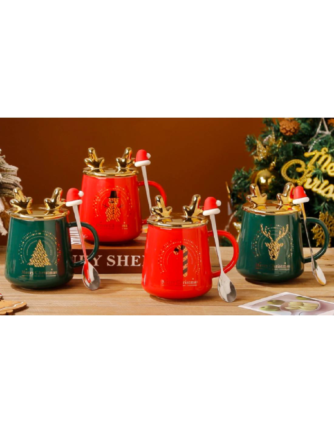 Tazza Gold Renna In Ceramica Con Coperchio E Cucchiaio 400ml Prodotto Assortito