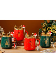 Tazza Gold Renna In Ceramica Con Coperchio E Cucchiaio 400ml Prodotto Assortito