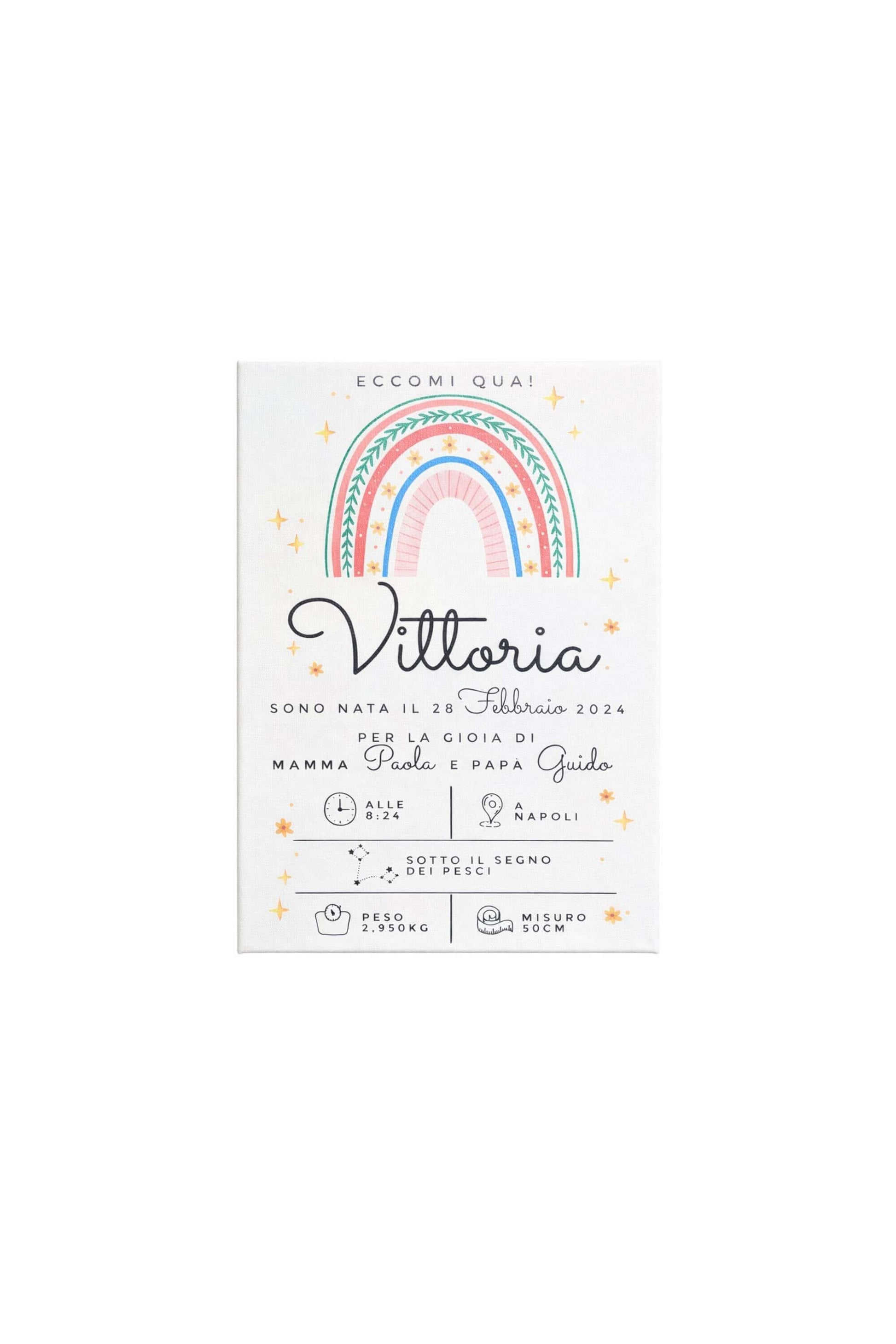 Quadro In Tela Nascita Personalizzabile Boho Chic Arcobaleno 20x30cm