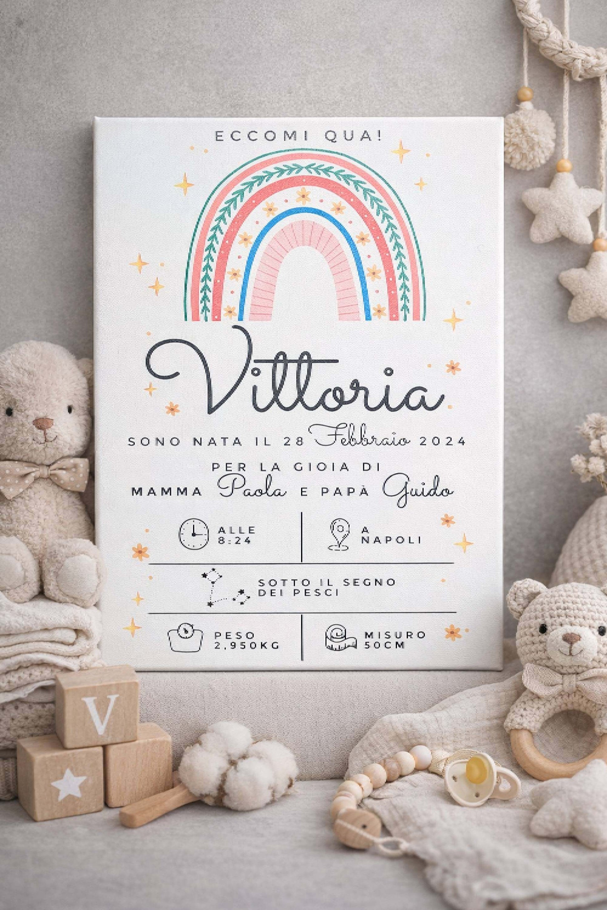 Quadro In Tela Nascita Personalizzabile Boho Chic Arcobaleno 20x30cm