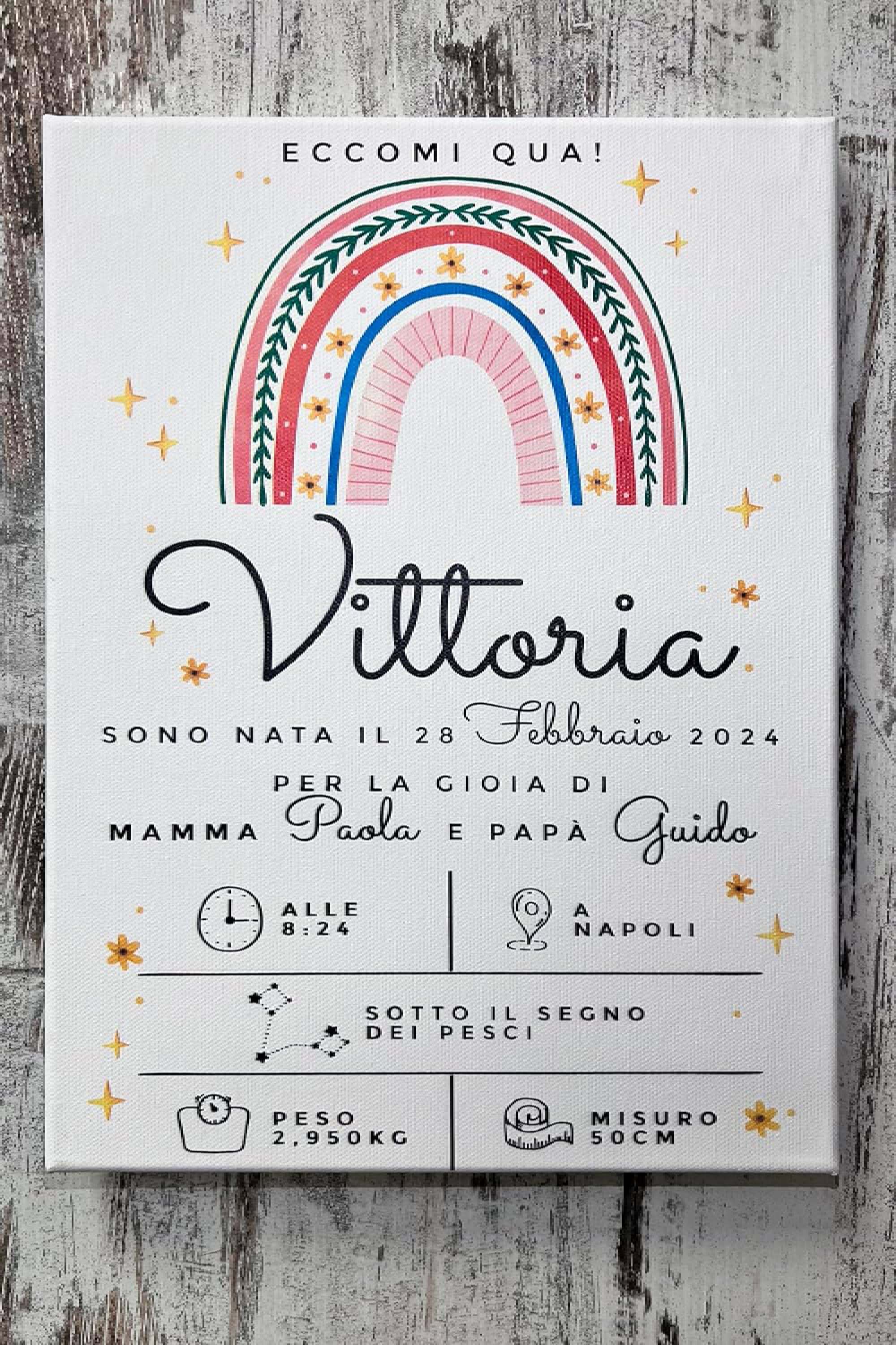 Quadro In Tela Nascita Personalizzabile Boho Chic Arcobaleno 20x30cm