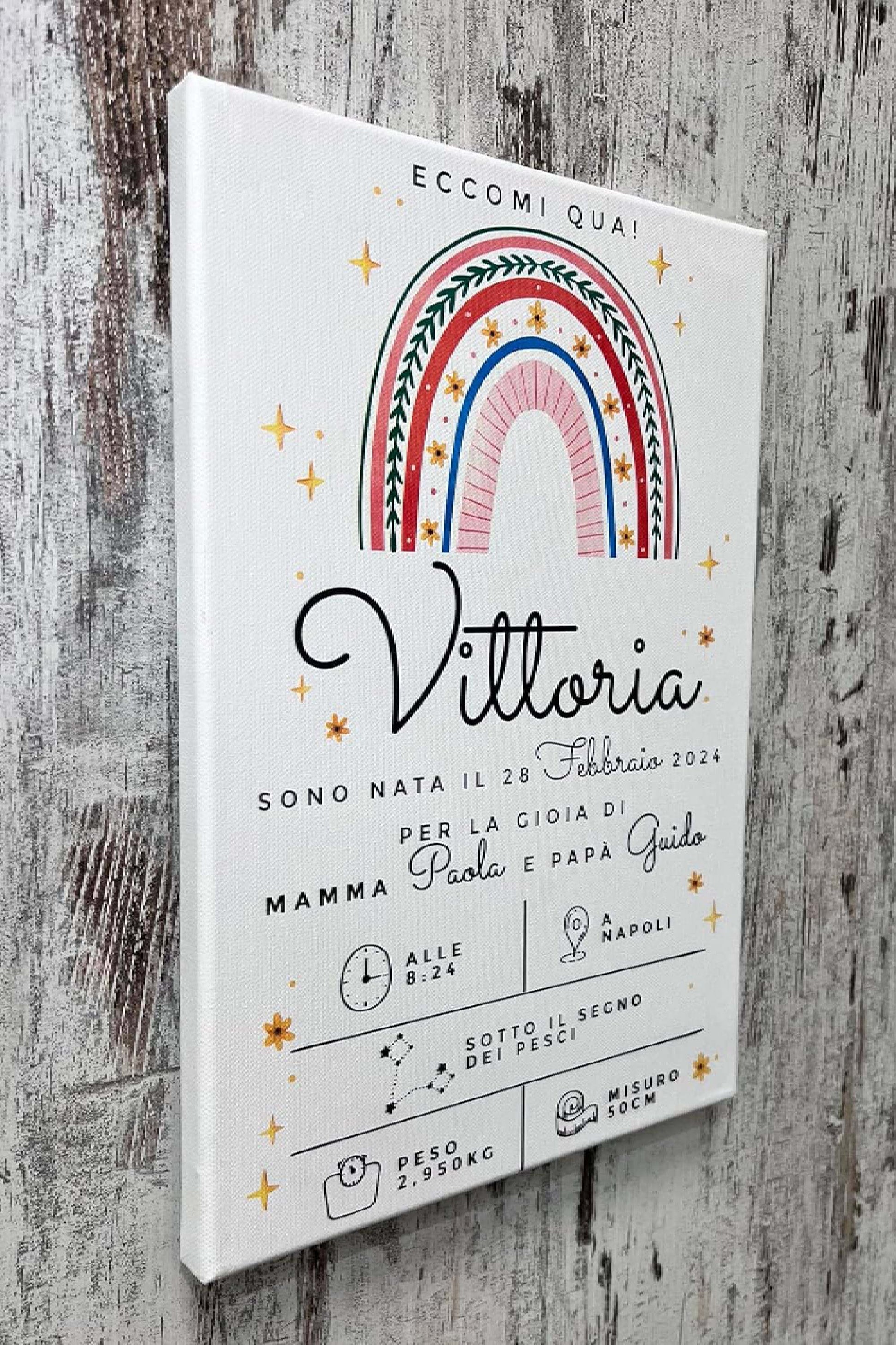 Quadro In Tela Nascita Personalizzabile Boho Chic Arcobaleno 20x30cm