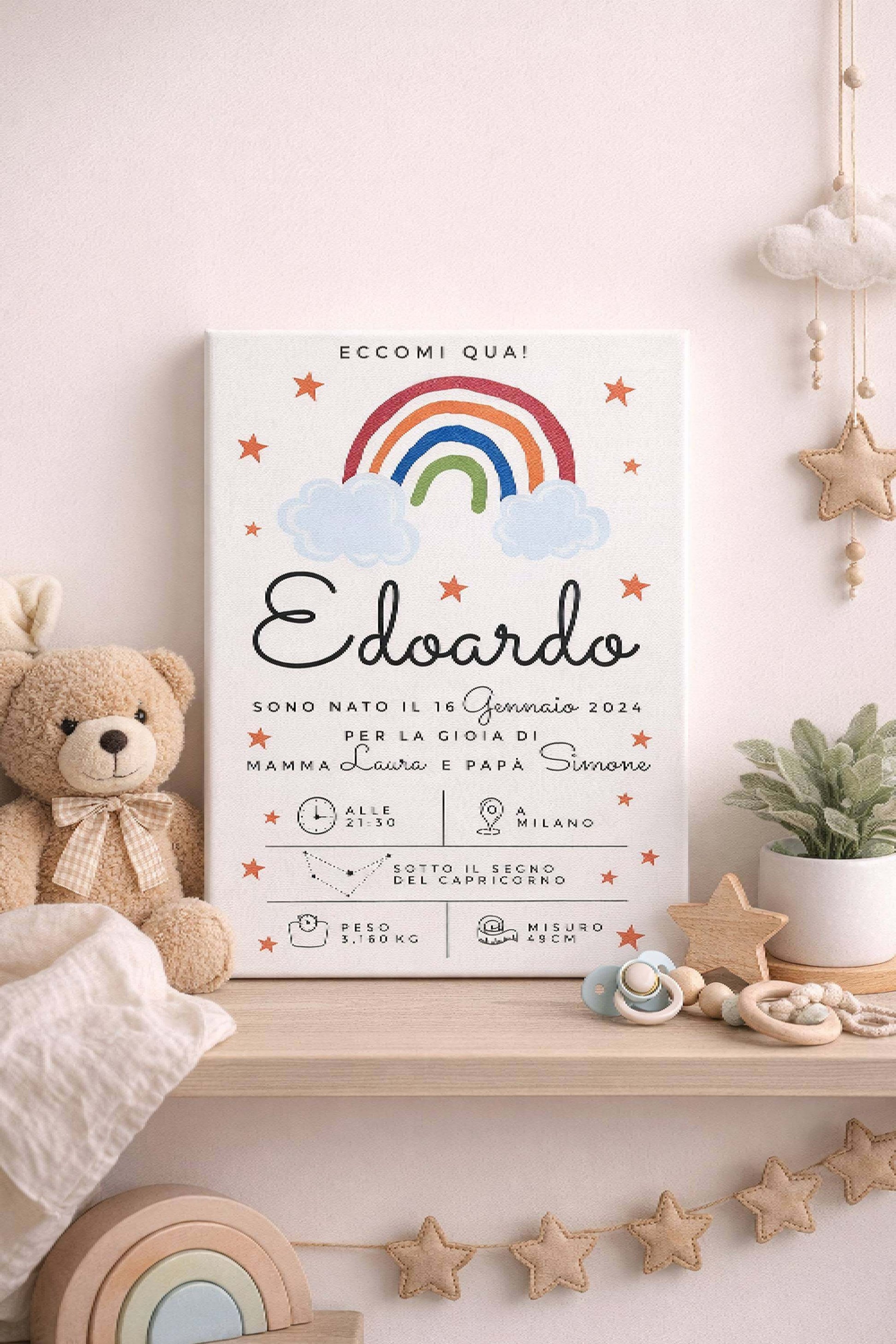 Quadro In Tela Nascita Personalizzabile Classic Arcobaleno 20x30cm