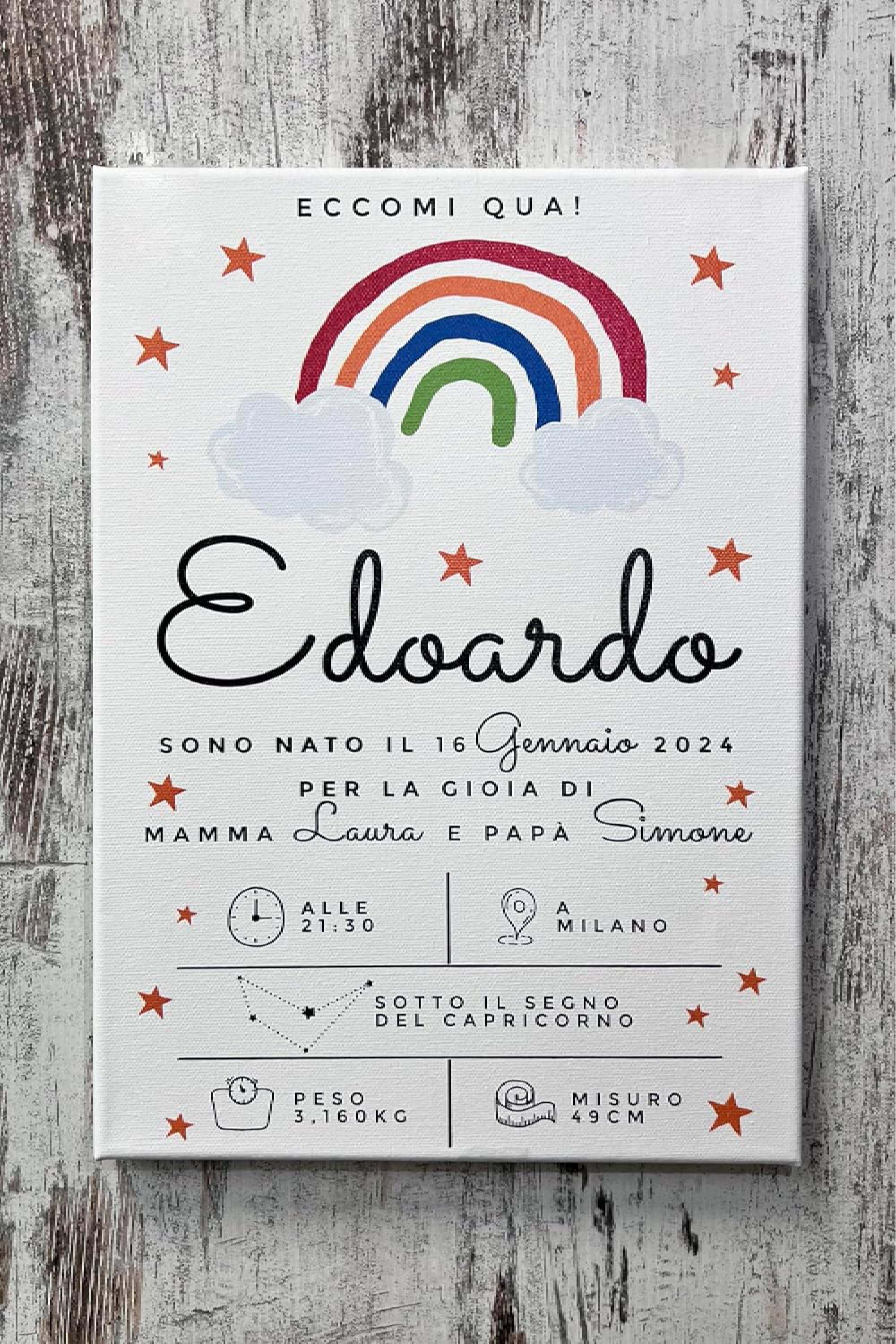 Quadro In Tela Nascita Personalizzabile Classic Arcobaleno 20x30cm