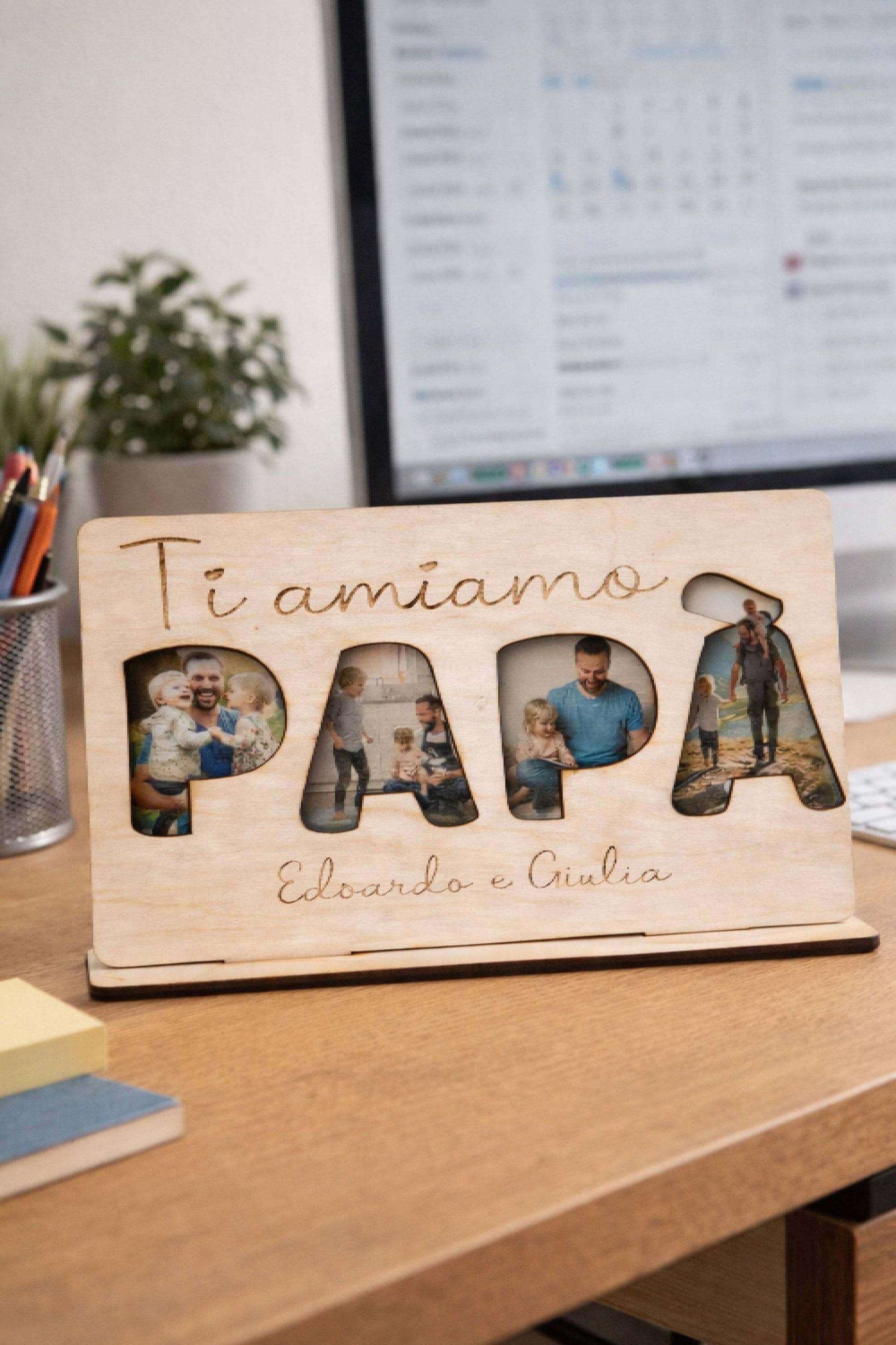Cornice Festa Del Papà In Legno Personalizzata Con 4 Foto E Dedica Incisa