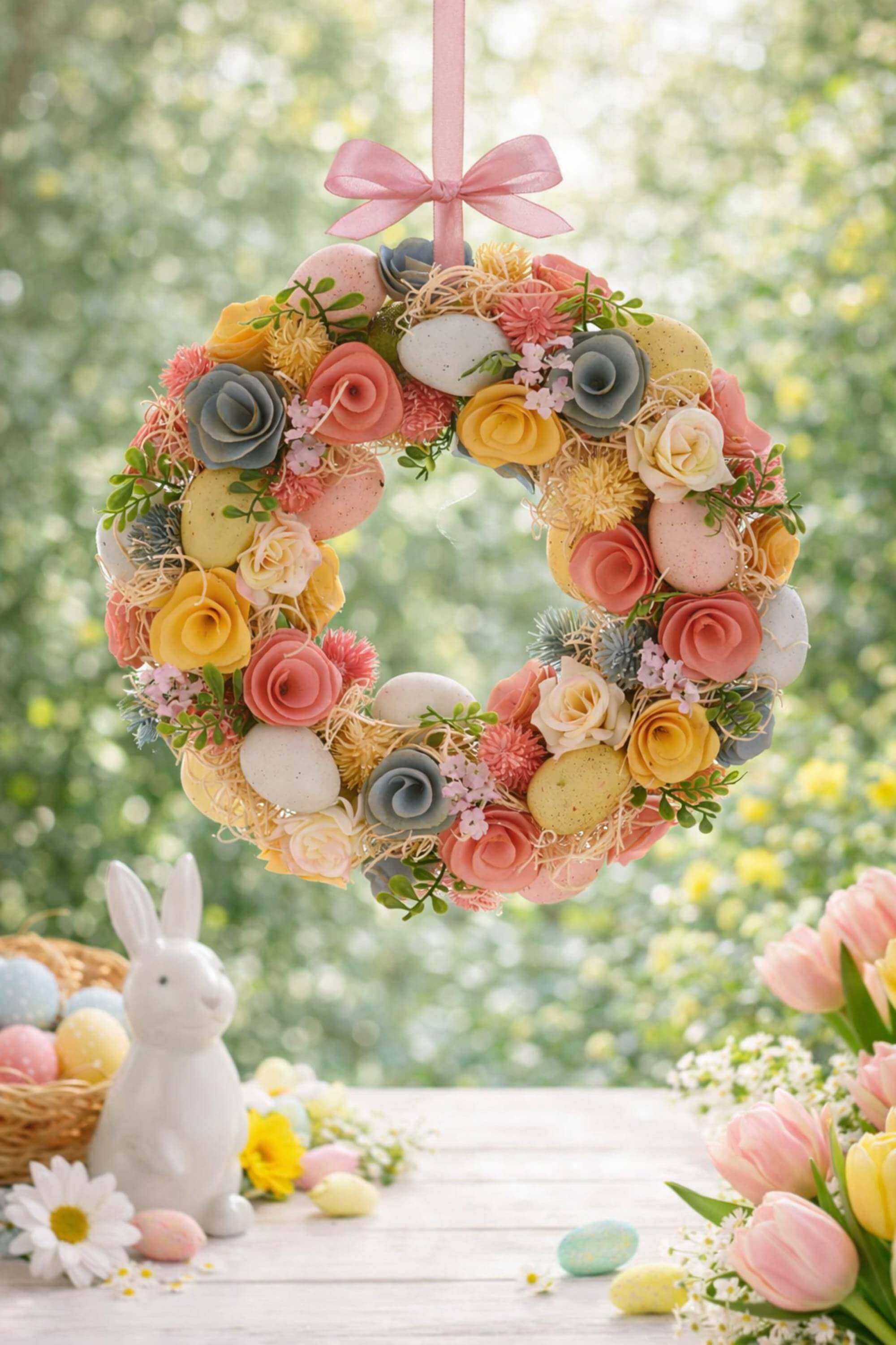 Fuoriporta Ghirlanda Di Pasqua Con Uova Colorate E Fiori 33cm