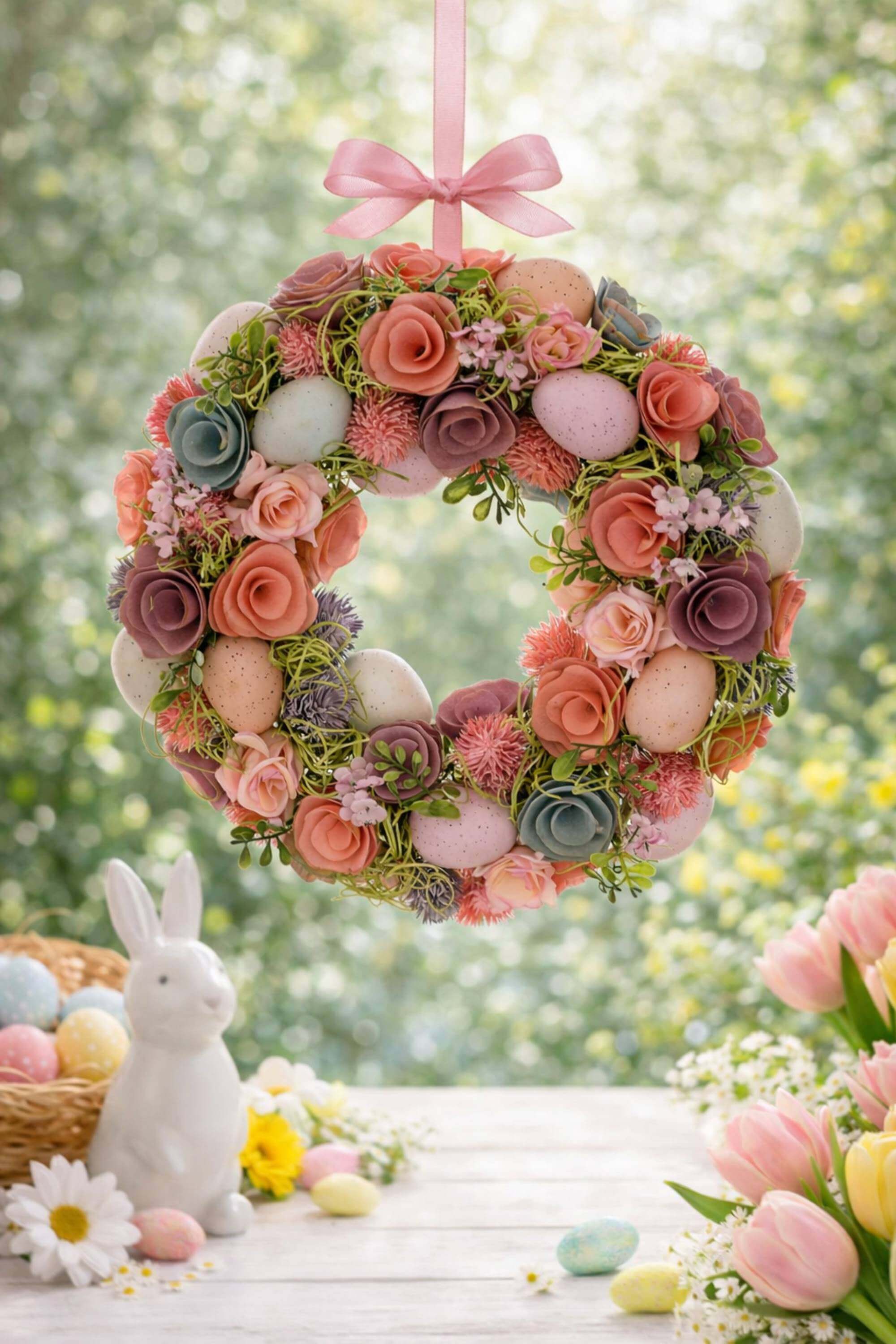 Fuoriporta Ghirlanda Di Pasqua Con Uova Colorate E Fiori 33cm