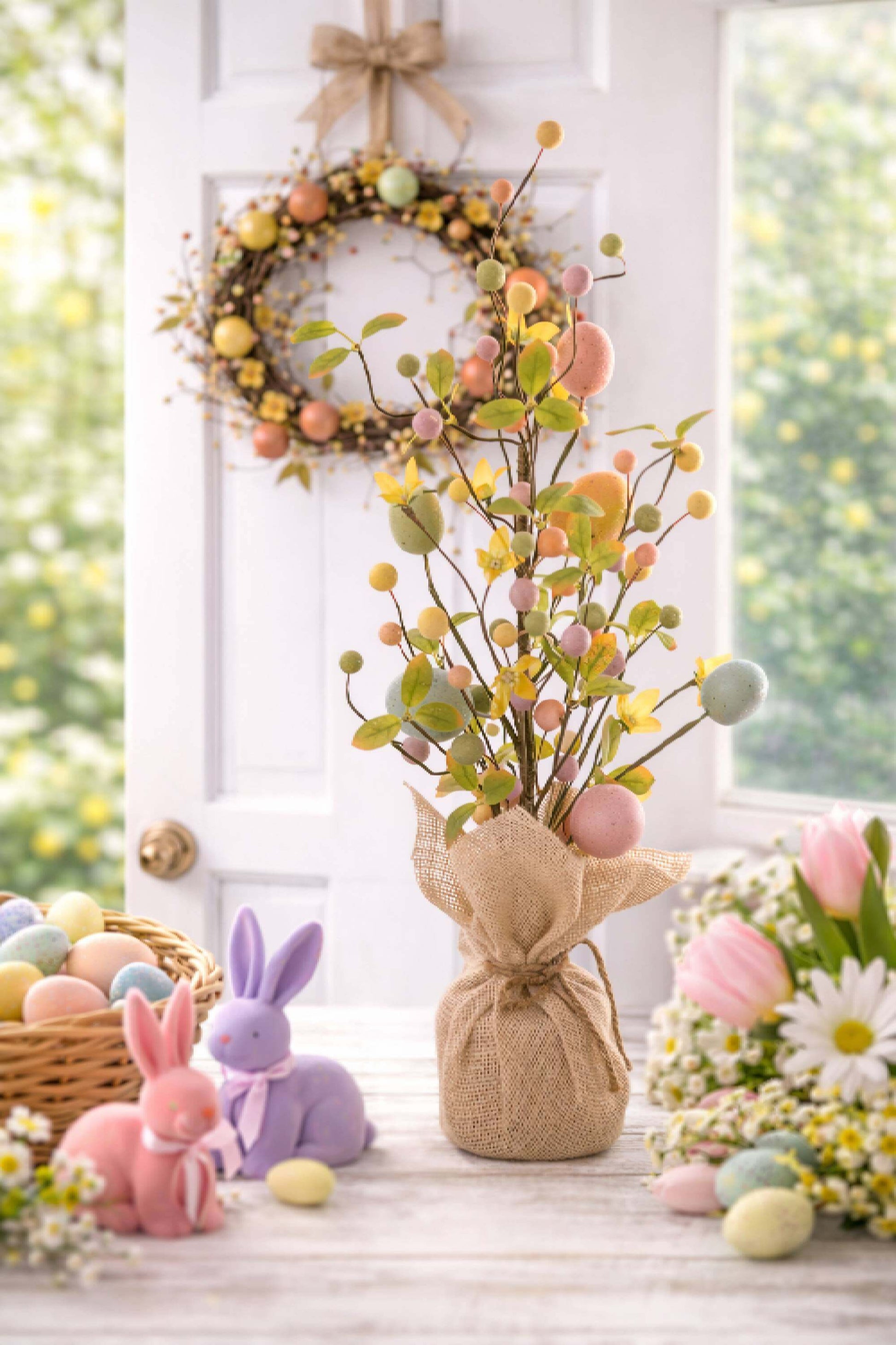 Albero Di Pasqua In Iuta Con Uova Colorate 50cm