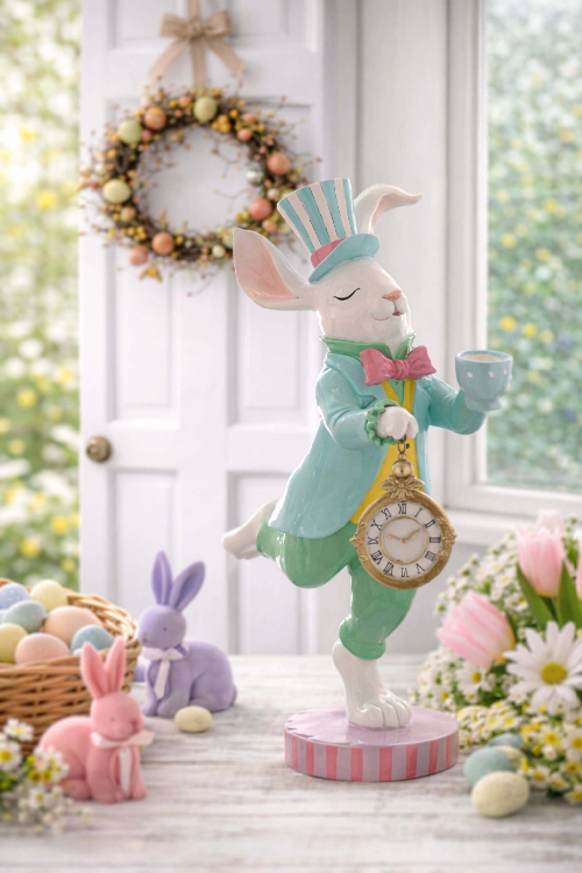Coniglio Di Pasqua In Poliresina Con Tazza E Orologio 30cm