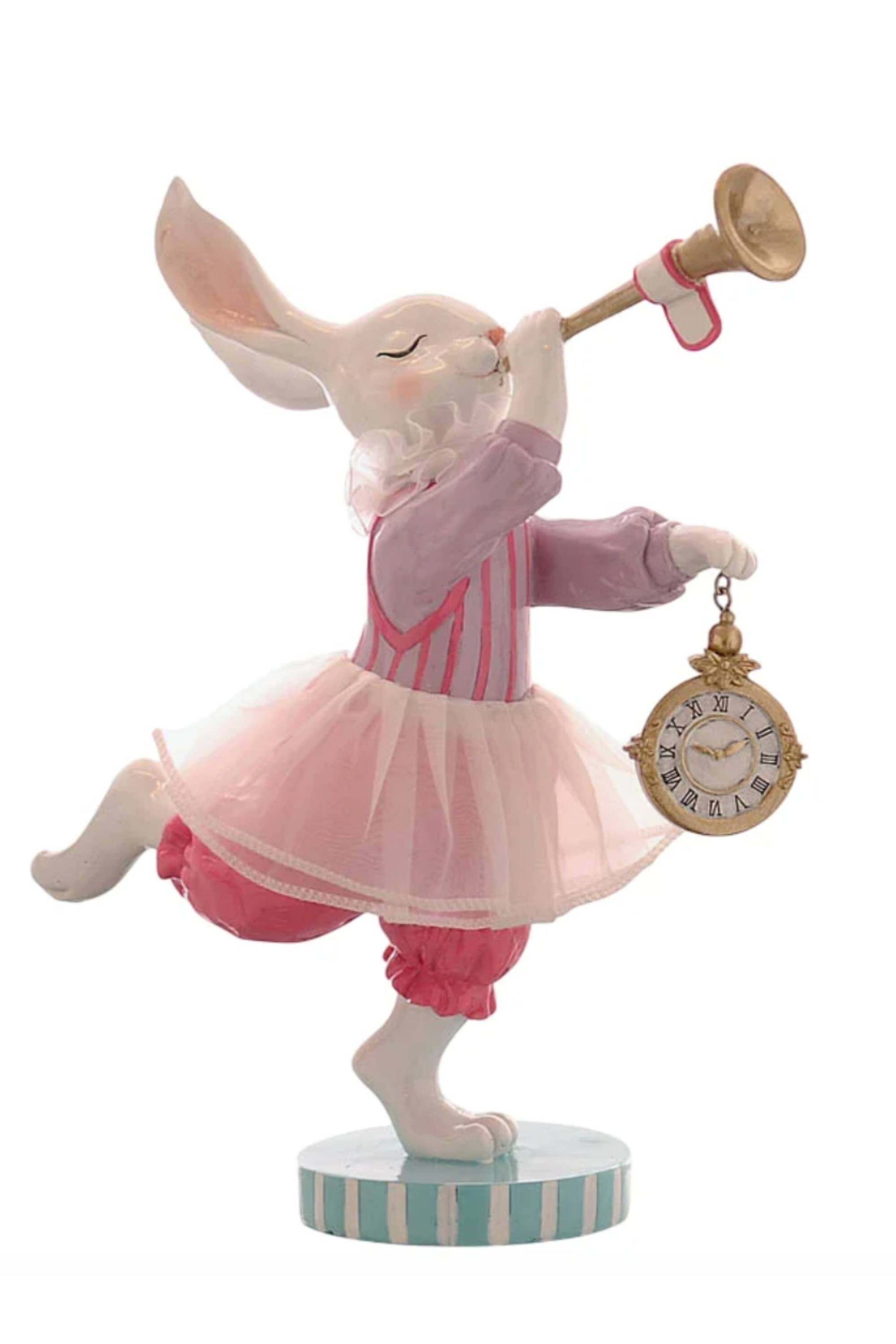 Coniglietta Di Pasqua In Poliresina Con Tromba E Orologio 30cm