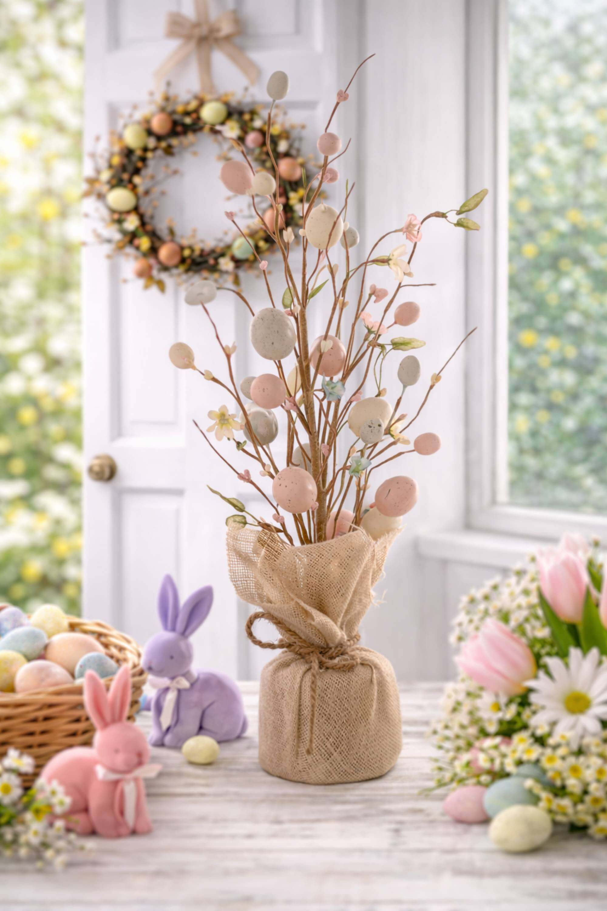 Albero Di Pasqua In Iuta Con Uova Colorate 50cm