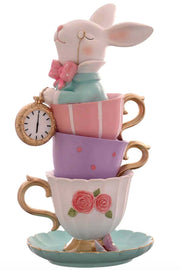 Statuetta Decorativa Coniglio Di Pasqua Con Tazzine Da The 35cm