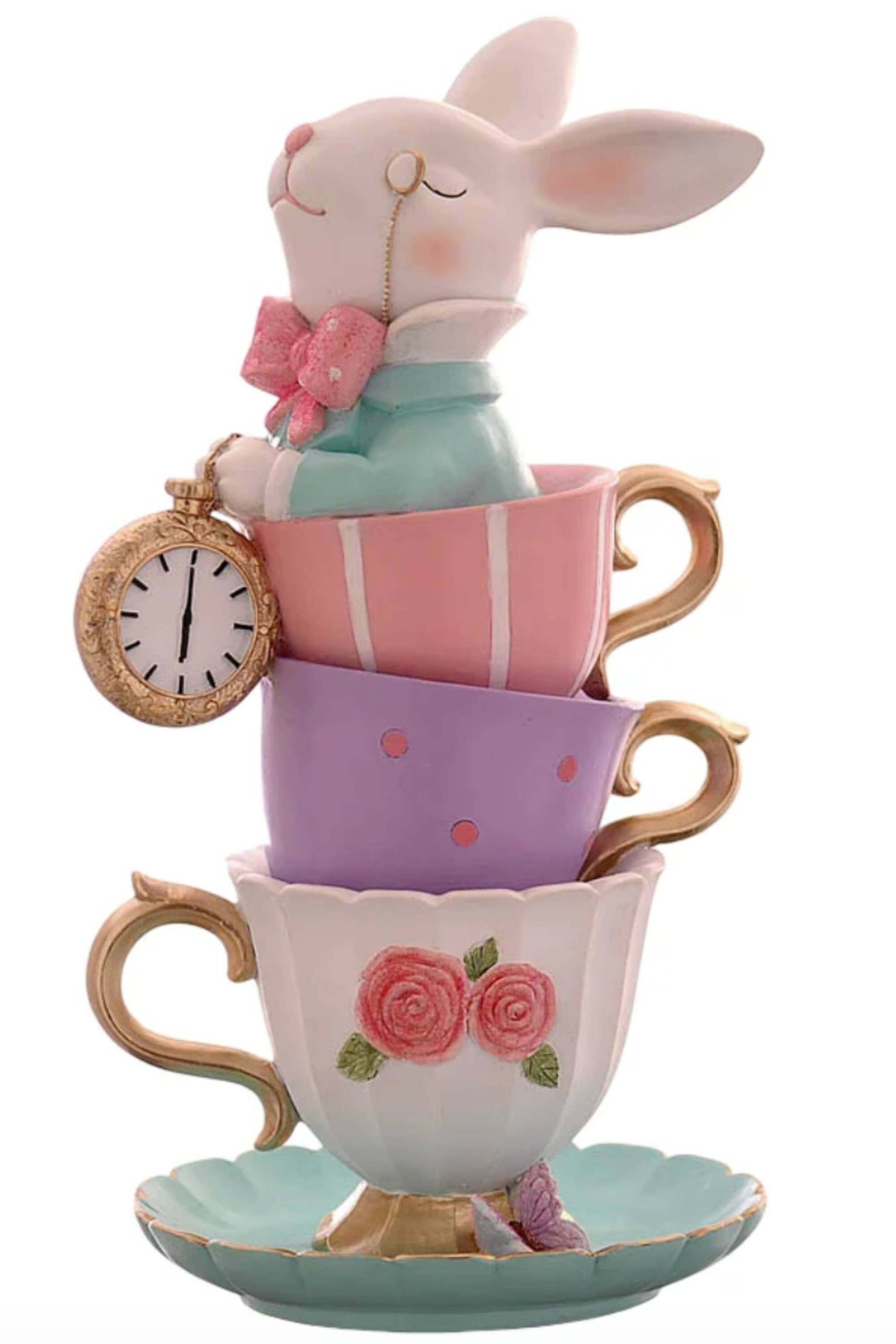 Statuetta Decorativa Coniglio Di Pasqua Con Tazzine Da The 35cm