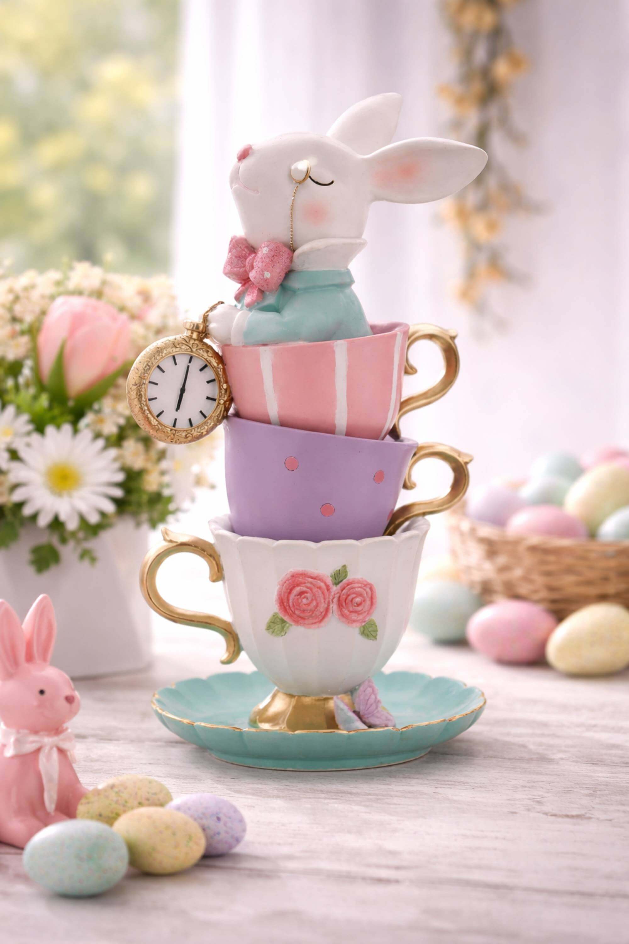 Statuetta Decorativa Coniglio Di Pasqua Con Tazzine Da The 35cm