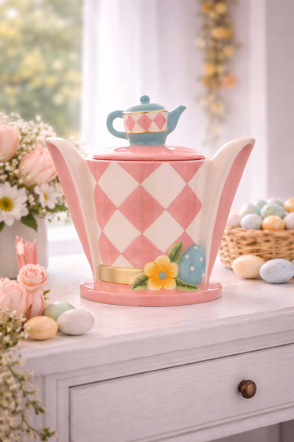 Teiera Decorativa Di Pasqua In Ceramica Rosa 26cm