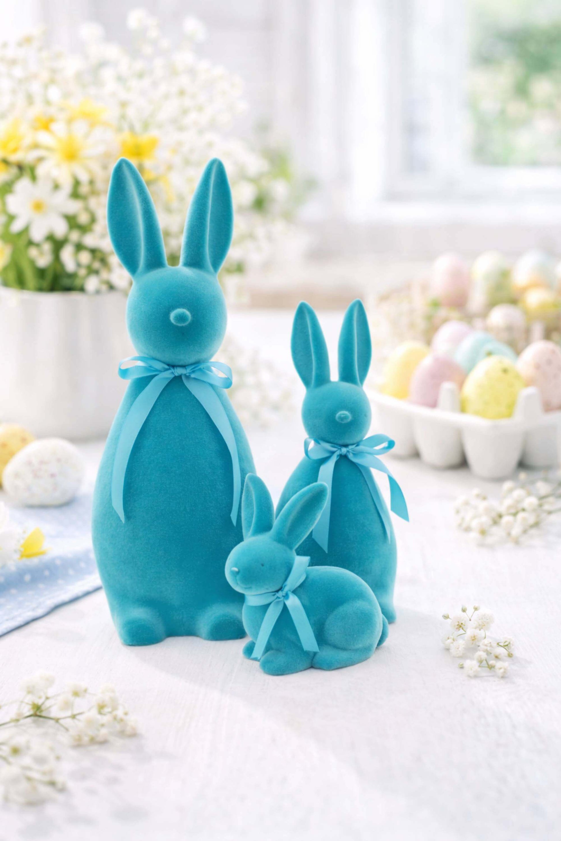 Coniglio Blu Di Pasqua Decorativo Con Fiocco 19cm
