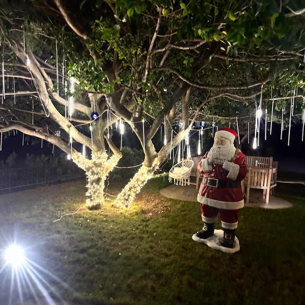 Giardino illuminato di notte con luci sugli alberi e Babbo Natale decorativo